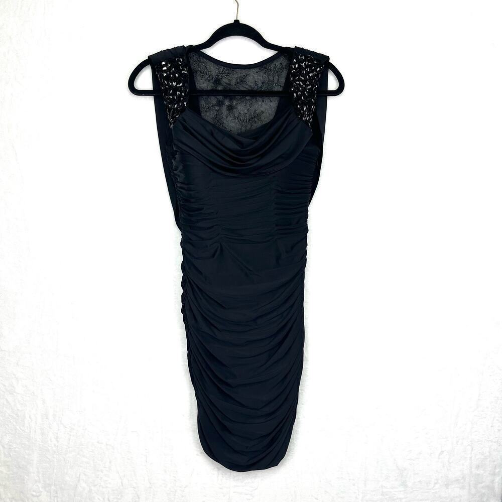Sherri Hill Black Rouched Lace Draped Jewel Straps Bodycon Mini‎ Dress Size 4